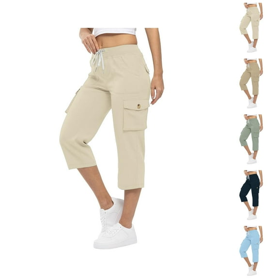 Capri Pants for Women 2025 High Elastic Waist Drawstring Loose Casual Cago Capris with Pockets Womens Cropped Pants