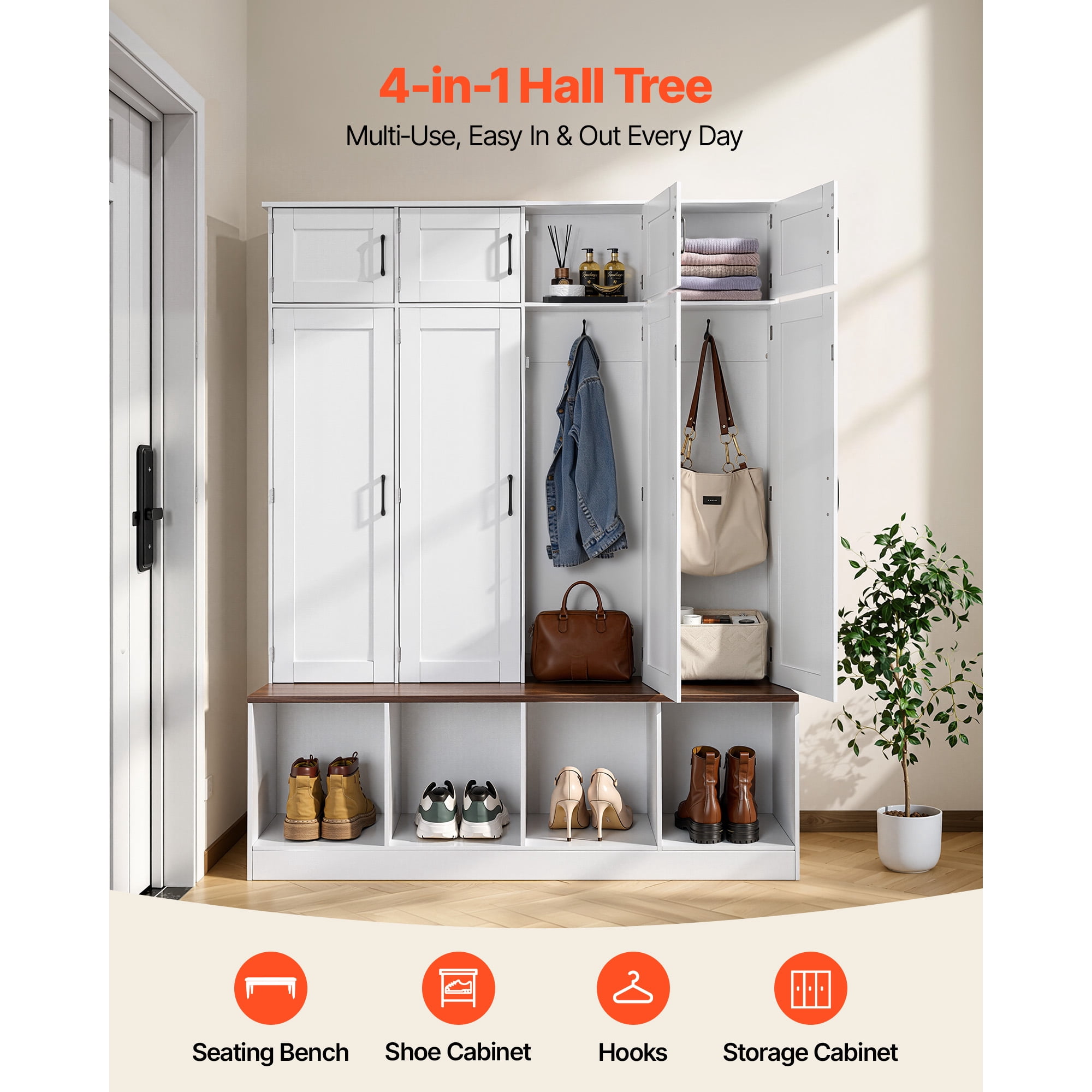KFFKFF Entryway Hall Tree with Bench and Storage, 59" Wide, 4-in-1 Design Featuring Bench, Hooks, Storage Cabinet, and Shoe Organizer, Wooden Furniture for Mudroom, Hallway, and Entryway, White