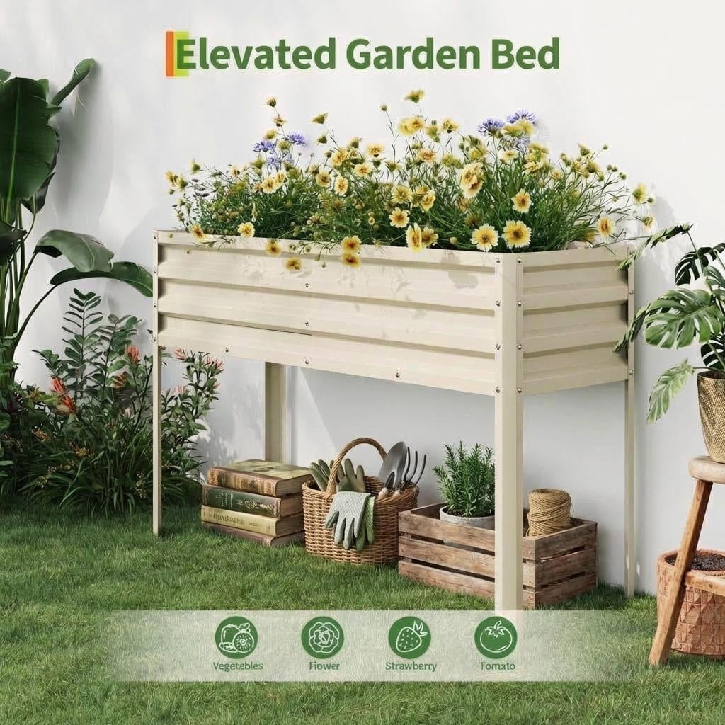 32" Tall Self-Watering Raised Garden Bed with Legs, Heavy Duty Galvanized Steel Planter, Modular Ergonomic Design for Patio Backyard, Beige