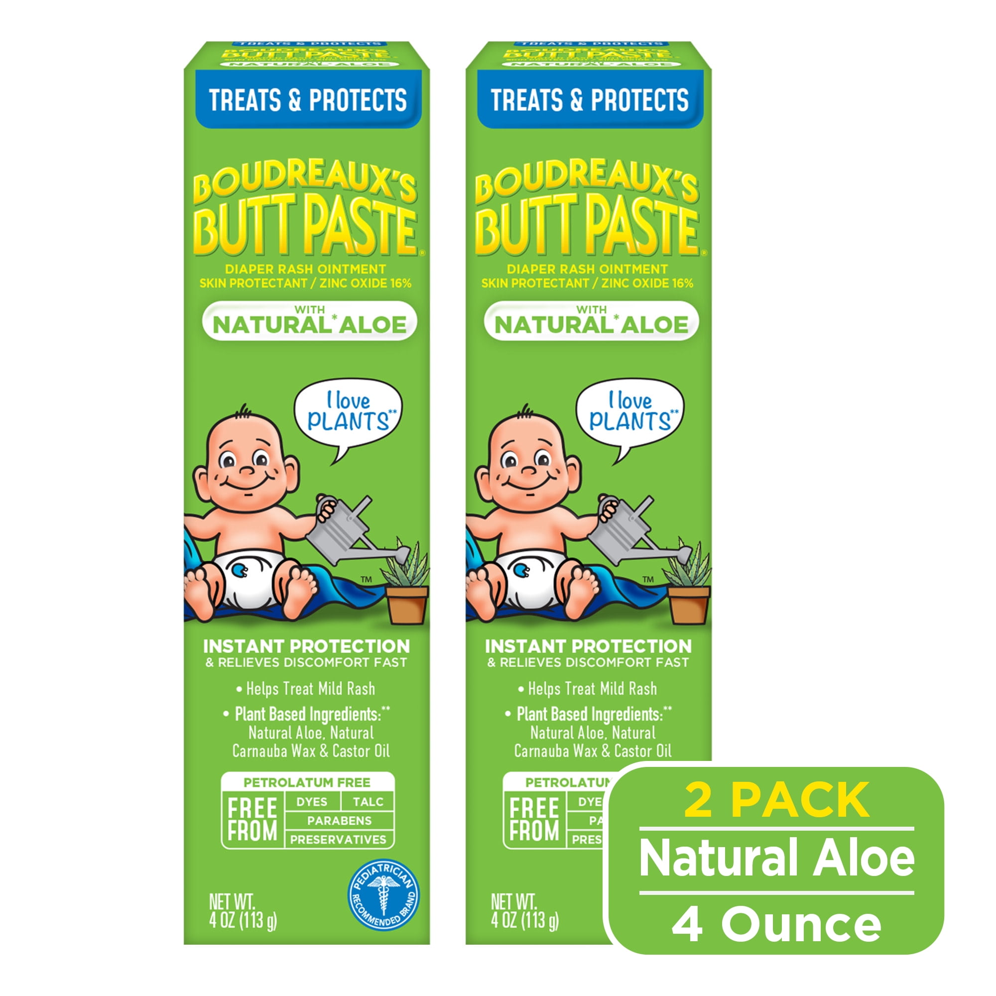 Boudreaux's Butt Paste With Natural* Aloe, Baby Diaper Rash Cream, Ointment, 4 oz, 2 Pack