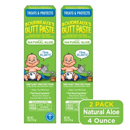 Boudreaux's Butt Paste With Natural* Aloe, Baby Diaper Rash Cream, Ointment, 4 oz, 2 Pack