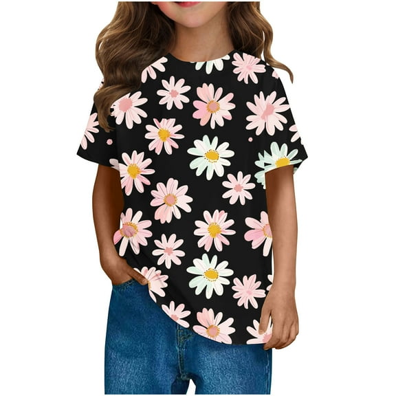WRKEKC Girls T-Shirts, Summer Tops for Girls, Girls' Summer Round Neck Floral Print Trendy Short Sleeve Comfortable T-Shirts