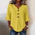 thumbnail image 2 of Oversized Tshirts for Women Casual Cotton Linen Blouse V Neck 3/4 Sleeve Button Decor Loose Fit Yellow Summer Tops for Women, 2 of 9