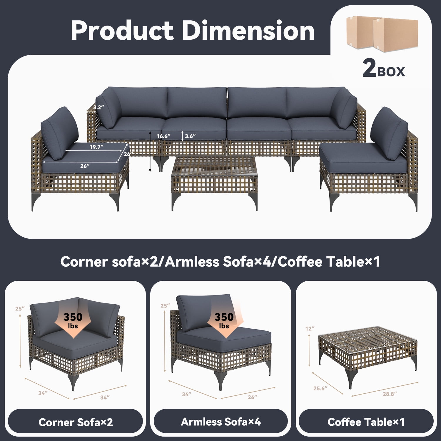 YODOLLA 7-Piece Patio Furniture Set with Tea Table, Rattan Wicker Outdoor Sectional Furniture Sofa Conversation Set, Dark Brown Rattan&Dark Grey Cushions
