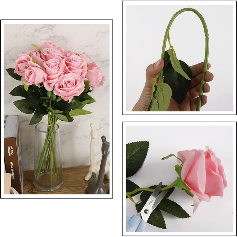 Zukuco 15pcs Champagne Roses Artificial Flowers Silk Fake Flowers Realistic Faux Roses Bouquet Long Stem for Wedding Home Party Birthday Decoration (Pink)