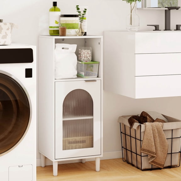 Costway Bathroom Floor Cabinet Wood Side Storage Organizer with Adjustable Shelf White