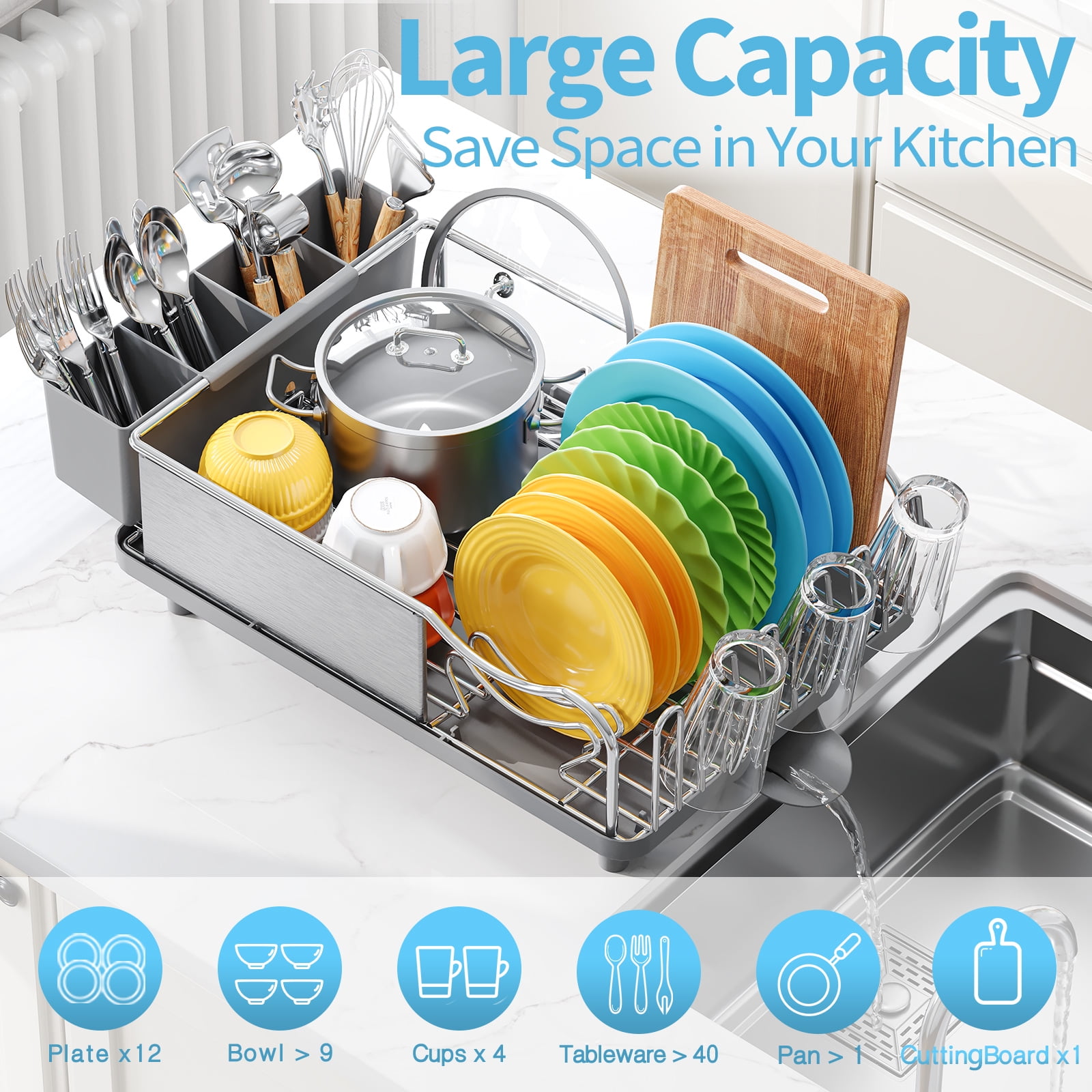 KK KINGRACK Dish Drying Rack, Dish Rack for Kitchen, Large Capacity, 304 Stainless Steel, Gray