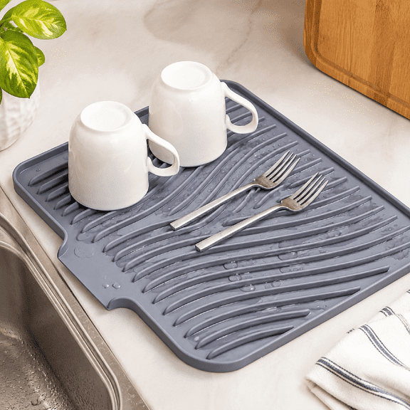 16x12 Inch Silicone Dish Drying Mat Grey, Heat Resistant Non-Slip Drain Mat with Built-In Drain for Kitchen Counter, Hangable Storage