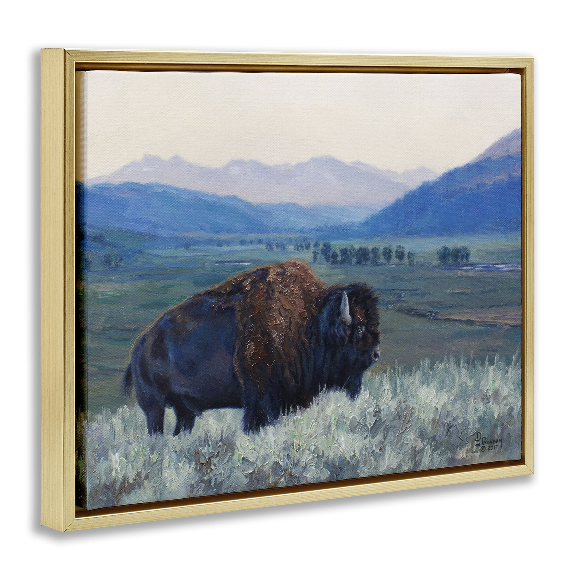 Stupell Industries Bison & Country Mountains Animals & Insects Painting Gold Floater Framed Canvas Art Print Wall Art, 31 x 25