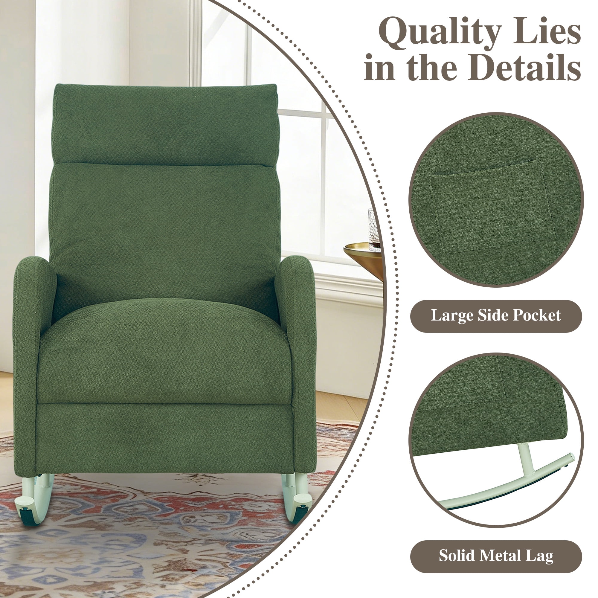 Parlor Dream Modern Chenille Rocking Chair for Living Room,Glider Chair for Nursery, with Side Storage Pocket & Metal Base, 300 lbs Capacity