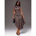 thumbnail image 5 of Women High Neck Sleeveless Plaid Midi Dress Ruched Waist Irregular Hem Dress Casual Commute Office Outfit, 5 of 5