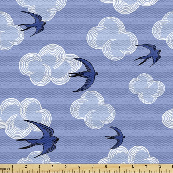 Abstract Art Fabric by the Yard, Birds Flying over the Clouds Happiness Freedom Celebration Cartoon Style, Upholstery Fabric for Dining Chairs Home Decor Accents, Pale Azure Blue by Ambesonne