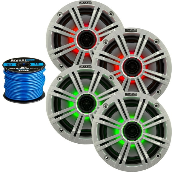 2 Pairs (4 Speakers Total) of Kicker 6.5" OEM Replacement 195W Marine Coaxial 2-Way Speakers (White Grilles) w/ MultiColor LED Lighting Capability, Enrock 16-Gauge Speaker Wire