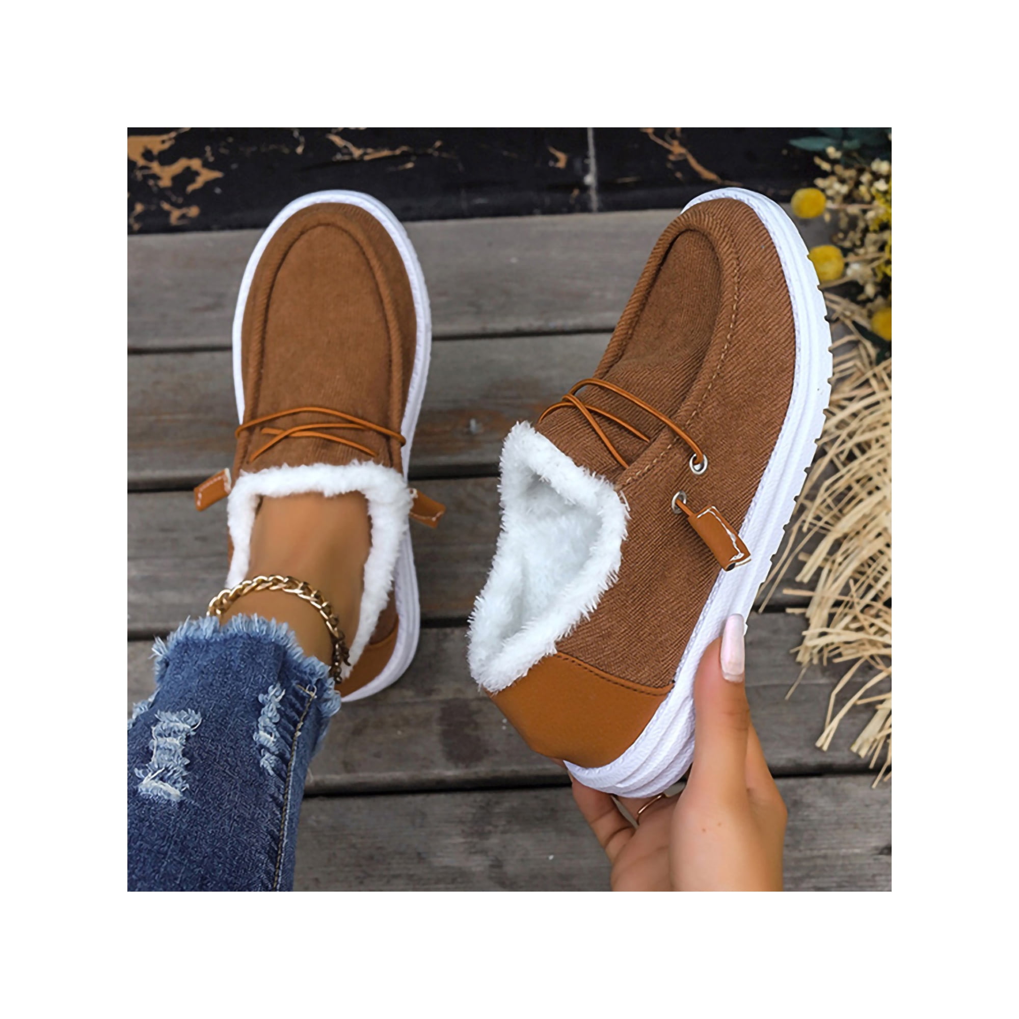 Woobling Womens Boat Shoe Comfort Moccasin Slippers Slip On Warm Casual Shoes Non Slip Loafer Slipper Women Winter Plush Lined Brown 6 Walmart