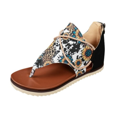 

Flat Sandals for Women Fashion New Chrysanthemum Print Flat Comfortable Toe Bag Heel Sandals