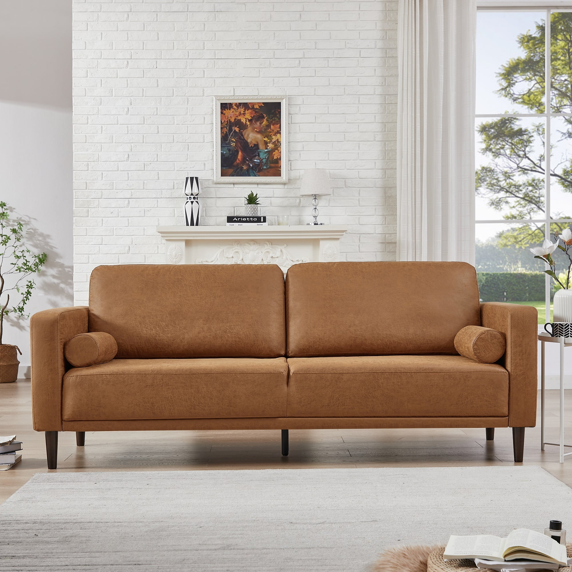 Homfa 3 Seat Sofa, 78.9\'\' Couch Large Upholstered Square Arm, Modern with PU Camel