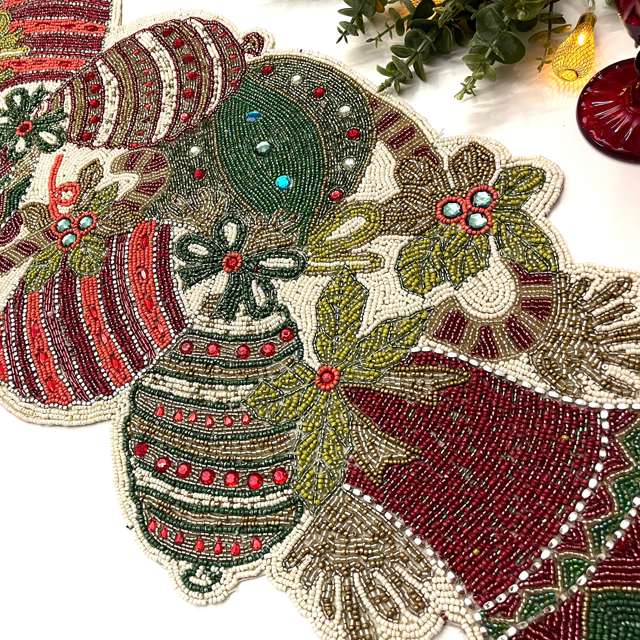 Handmade Christmas table runner, beaded runner, centerpiece multi colour, 13x36inch