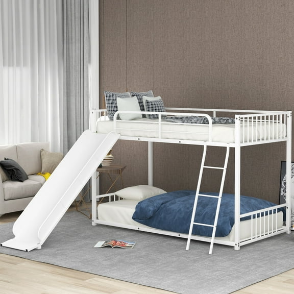 Hassch Metal Bunk Bed With Slide, Twin Over Twin, White