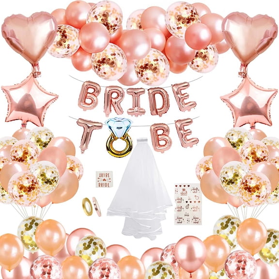 Bachelorette Party Decorations, Rose Gold Balloon Garland Kit for Girls with Bride To Be Banner Sash White Bridal Tiara Veil Heart Star Foil Balloons