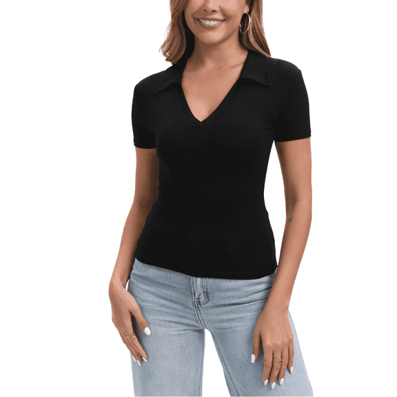 Galabris Women's Short Sleeve Polo Shirts Deep V Neck Business Lapel Tops Slim Fitted Going Out Basic Tee Ribbed Knit