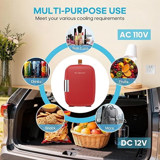 Dozzle 4L Mini Fridge , Holds 6 Cans, Keeps Skincare and Snacks Chilled with Dual 110V/12V Power, Compact Companion for Dorm, Office, and Car,Red
