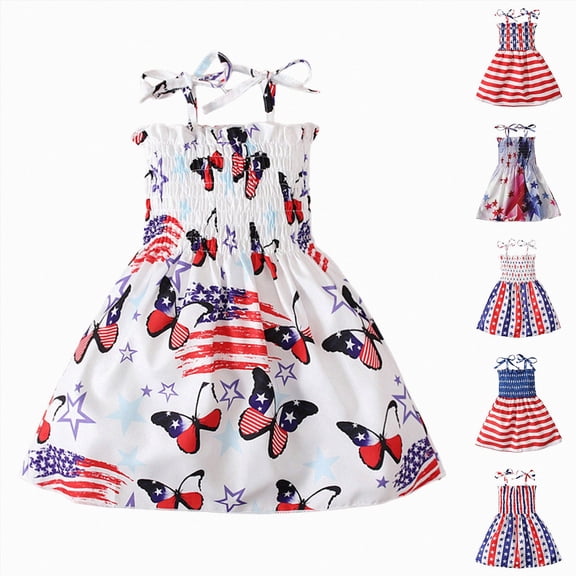 WUANDIXFA 4th of July Dress Toddler 18 24 Months 2T 3T 4T 5T 6T Cute Party Spaghetti Straps Holiday Sun Dress Toddler American Flag Outfit Girls Patriotic Dresses Watermelon Red,5-6 Years