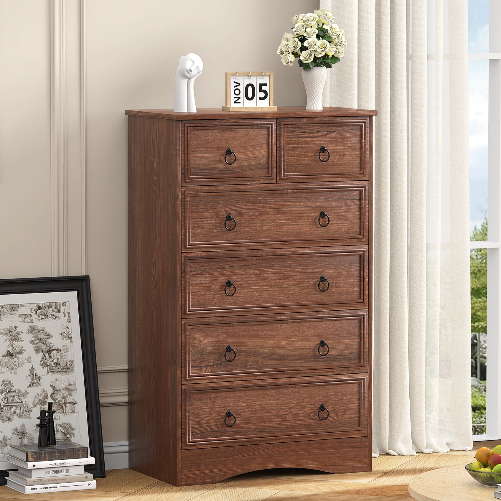 Frmobepts 6 Drawer Dresser, Tall Wood Chest of Drawers Dressers for Bedroom, Living Room, Cherry