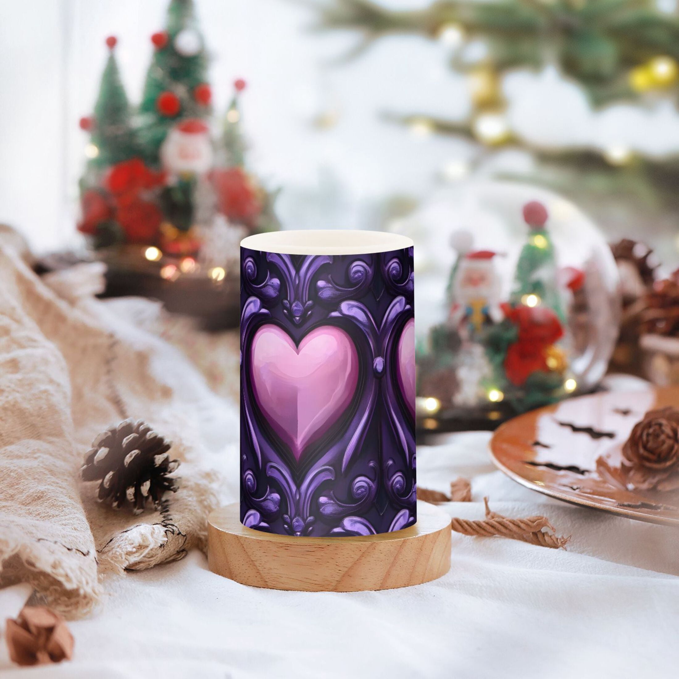 Shining Purple Heart Flickering Flameless Candles Battery Operated with Remote Timer LED Pillar Candles Set of 2