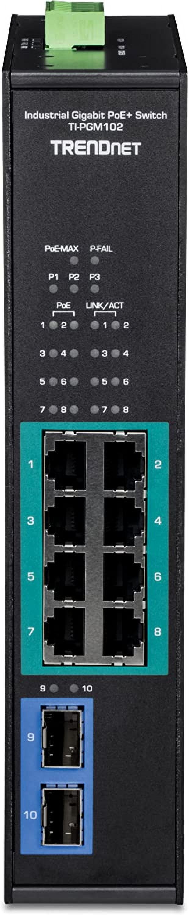 TRENDnet  TI-PGM102, 10-Port Industrial Gigabit PoE+ DIN-Rail Switch 
-20° – 65°C (-4° – 149°F)