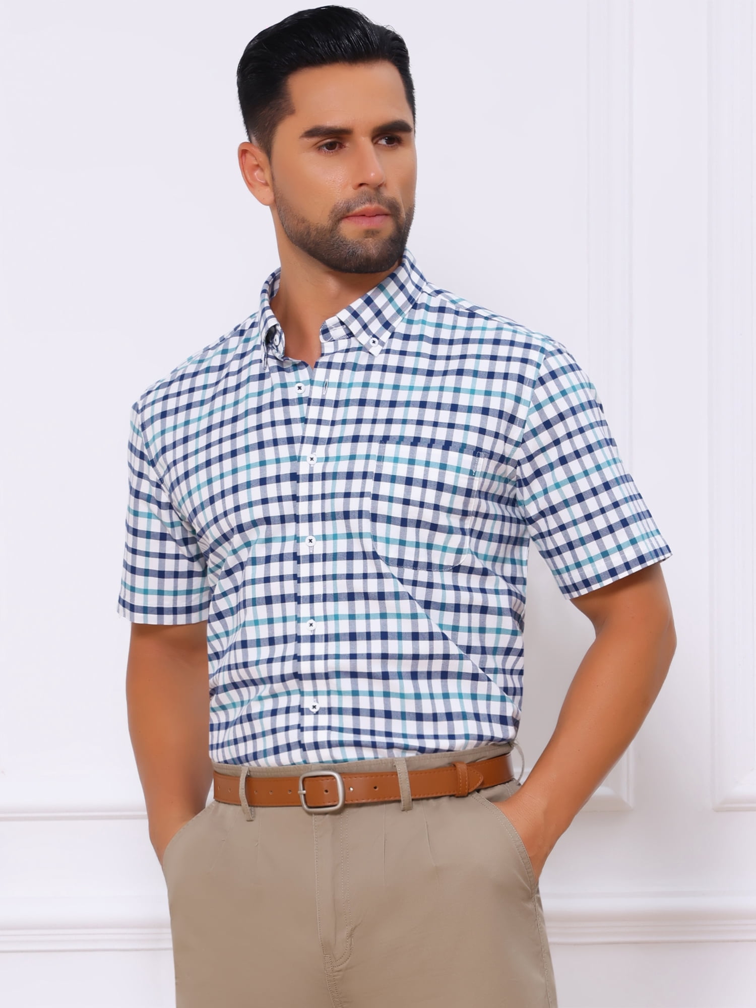 DARING DIVA Men's Point Collar Short Sleeve Button Business Plaid Shirts S White Navy