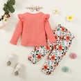 thumbnail image 4 of KIMI BEAR Toddler Girls Outfits 2T Infant Girl Fall Winter Outfits 3T Infant Girl Solid Color Long Sleeve Pit Stripe Pull-Over + Floral Pants + Headband 3PCS Set Red, 4 of 8