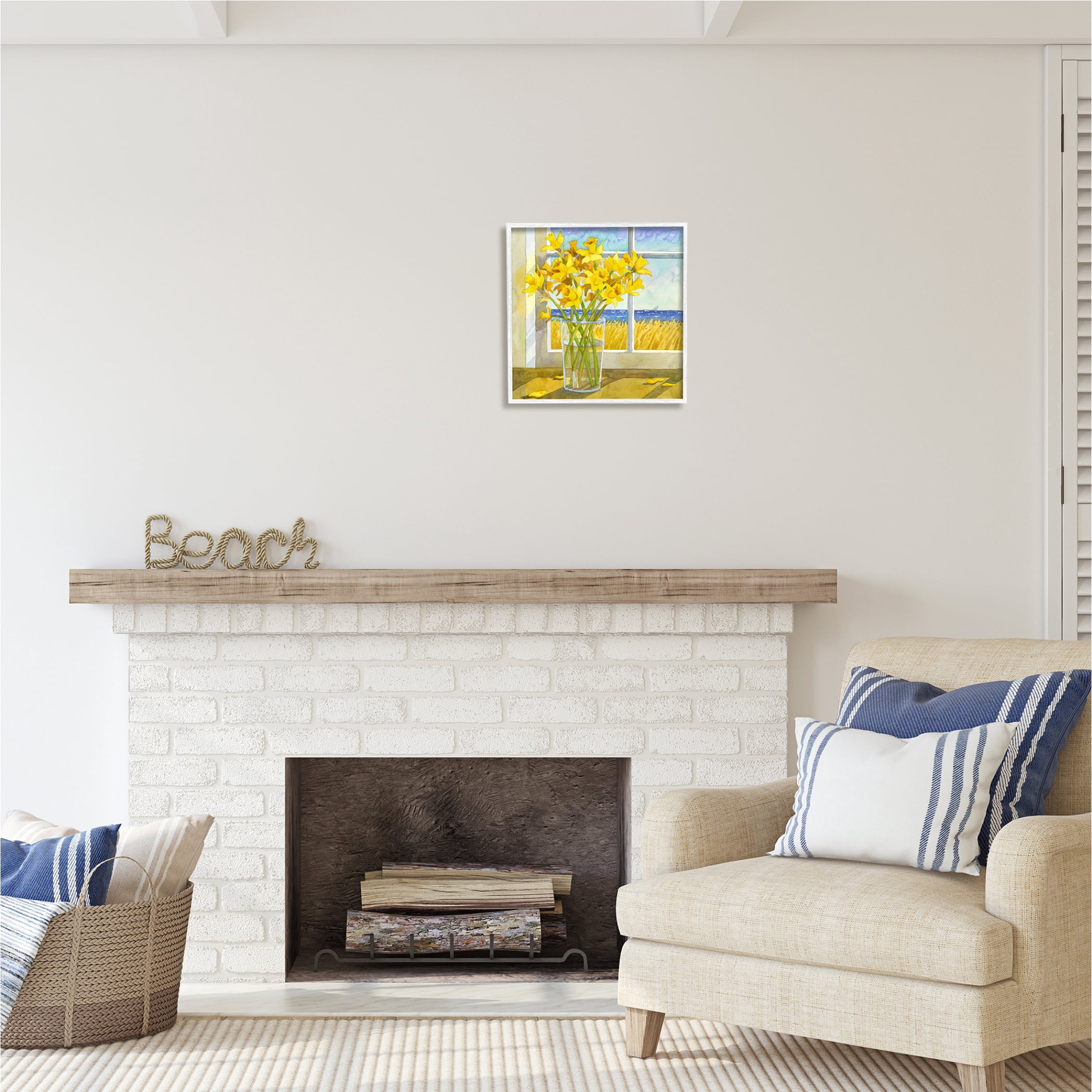 Stupell Industries Daffodils in Seaside Window Botanical & Floral Painting White Framed Art Print Wall Art, 17 x 17