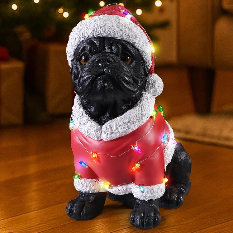 Pug Santa Outfit Christmas Dog Statue with Santa Hat Bulb Accents Holiday Tabletop Decor