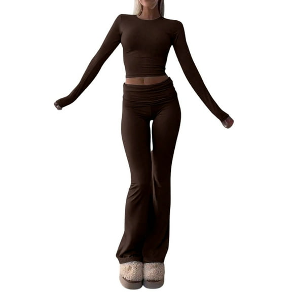 Women’s 2 Piece Lounge Set Casual Round Neck Long Sleeve T-Shirt and Pants Matching Outfit Clean Girl Aesthetic Spring Fall Daily Wear