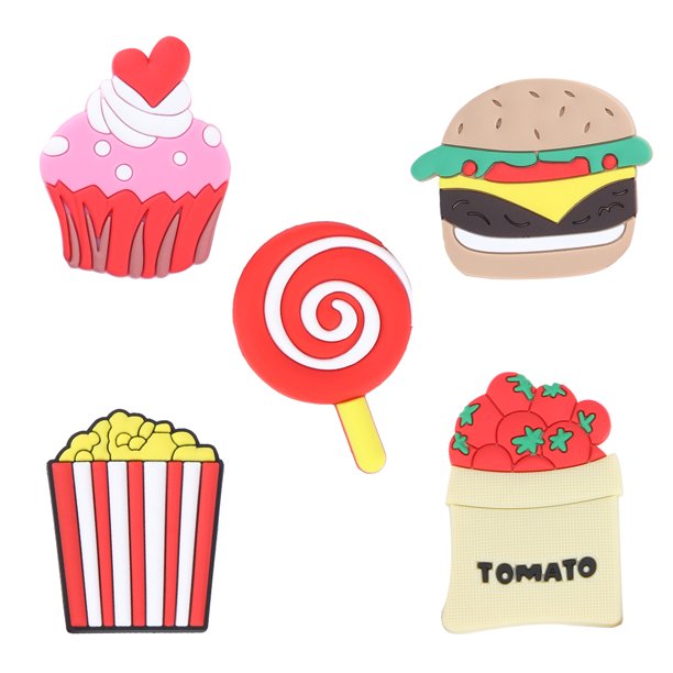 KAKOWELY Juego de 5 imanes creativos para nevera con forma de palomitas de maíz, pastel, hamburguesa, tomates, piruleta y bolsa.