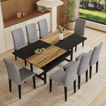 NYEESS 71inch Wood and Black Dining Table with Storage and 8 Light Gray Linen-Cotton Chairs