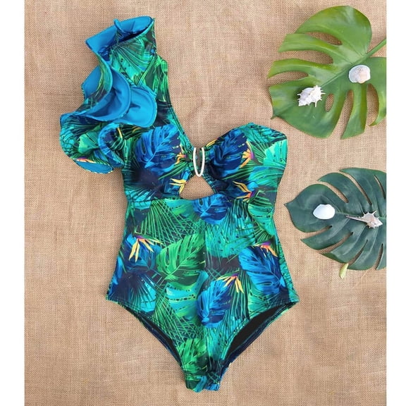 Sexy Ruffle Print Floral One Piece Strappy One shoulder Swimwear Women Swimsuit Bathing Suit Backless Beachwear Monkini