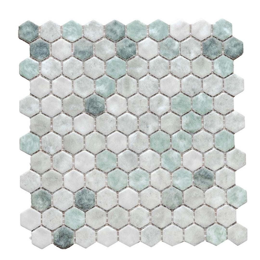 The Tile Life Eterna Hex 1" x 1" Hexagon Shabby Green Glass Mosaic Floor and Wall Tile 1 Sheet