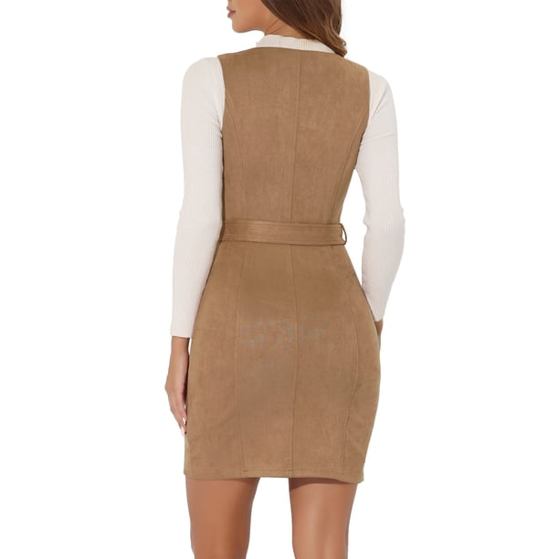 INSPIRE CHIC Women's Overalls Suspenders Belted V Neck Faux Suede Pinafore  Dress Khaki XL - Walmart Business Supplies