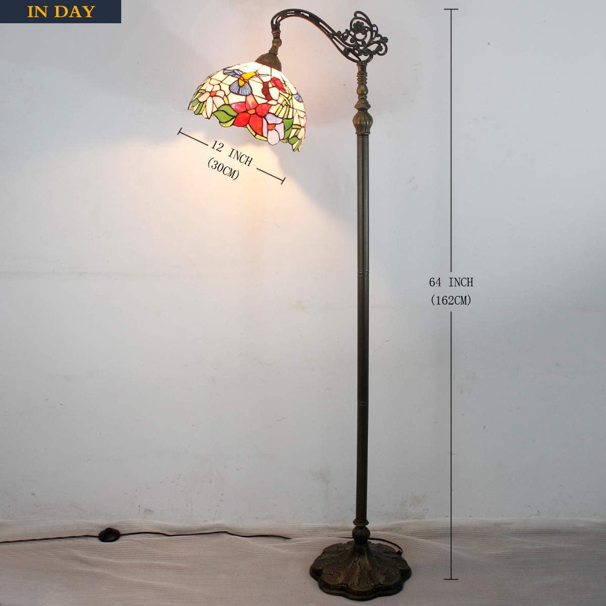 Tiffany Floor Lamp LED 64" Tall Industrial Pole Vintage Boho Hummingbird Stained Glass Standing Corner Bright Reading Light Arched Gooseneck Adjustable Living Room Kids Bedroom Farmhouse