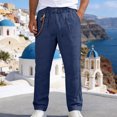 thumbnail image 2 of Pantalones de Cintura Elástica de Color Sólido de Lino con Cordón Detalle de Botón de Bolsillo Casual Pata Recta, Pantalones de Lino de los Hombres Casual, 2 of 9