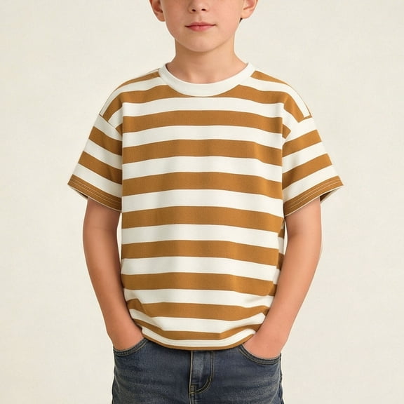 Awdenio Kids Black And White Striped Short Sleeve T-Shirt, Crew Neck Casual Top, Soft Breathable Tee,For Everyday Wear, School,Size1-14