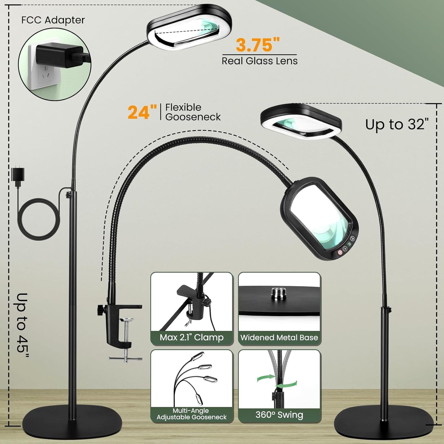 LED Magnifying Lamp with Light & Floor Stand - 24" Flexible Gooseneck, 5 Color Modes, Adjustable Brightness - Hands Free for Reading, Crafts, Painting