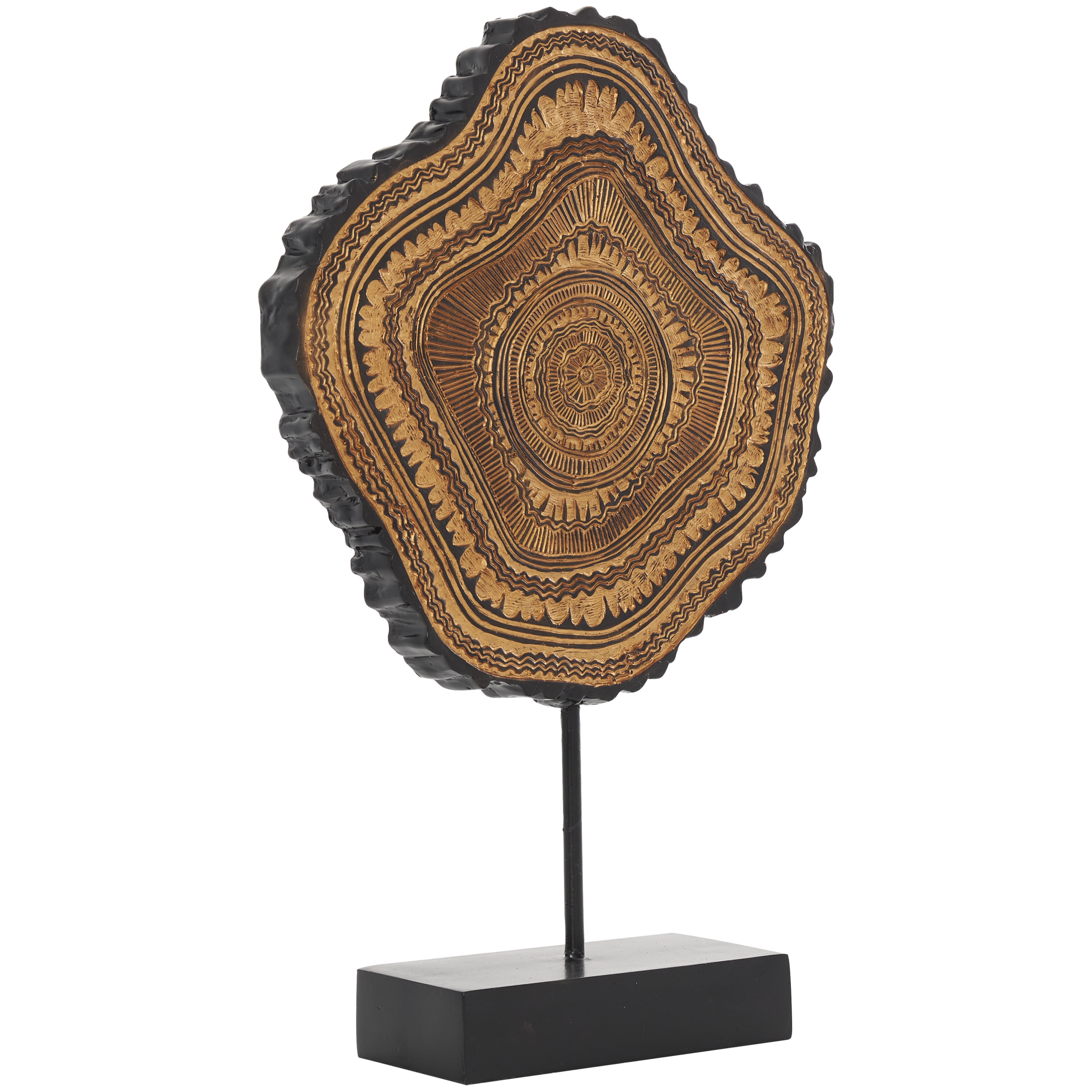 11" x 17" Brown Resin Abstract Carved Tribal Sculpture with Black Stand and Wavy Edge, by DecMode