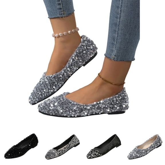 Women's Rhinestone Flats Elegant Glitter Ballet Flats Dress Pearl Wedding Shoes Pointed Toe Slip On Loafers for Women, 37