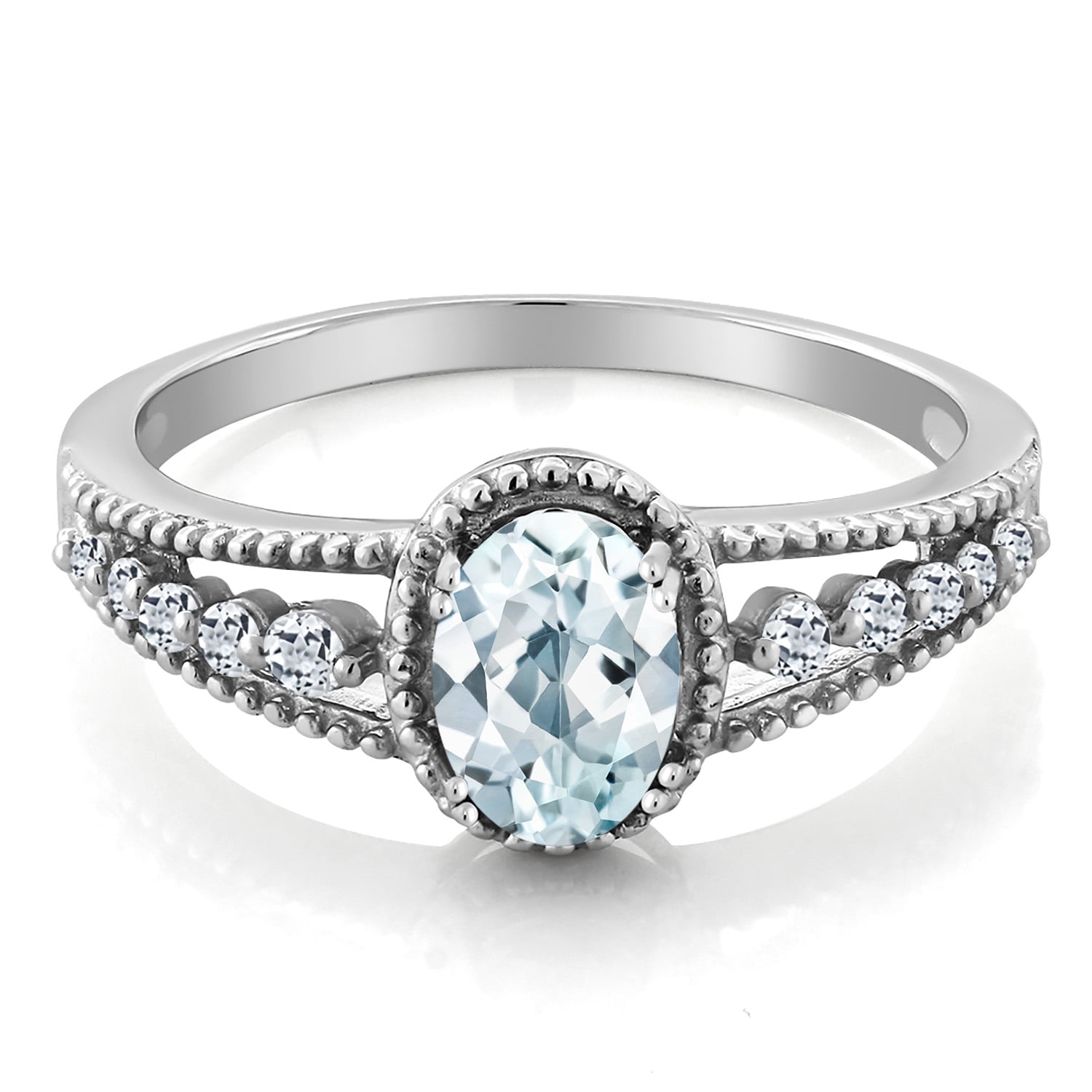 Gem Stone King 0.93 Ct Oval Sky Blue Aquamarine White Topaz 925 Sterling Silver Ring