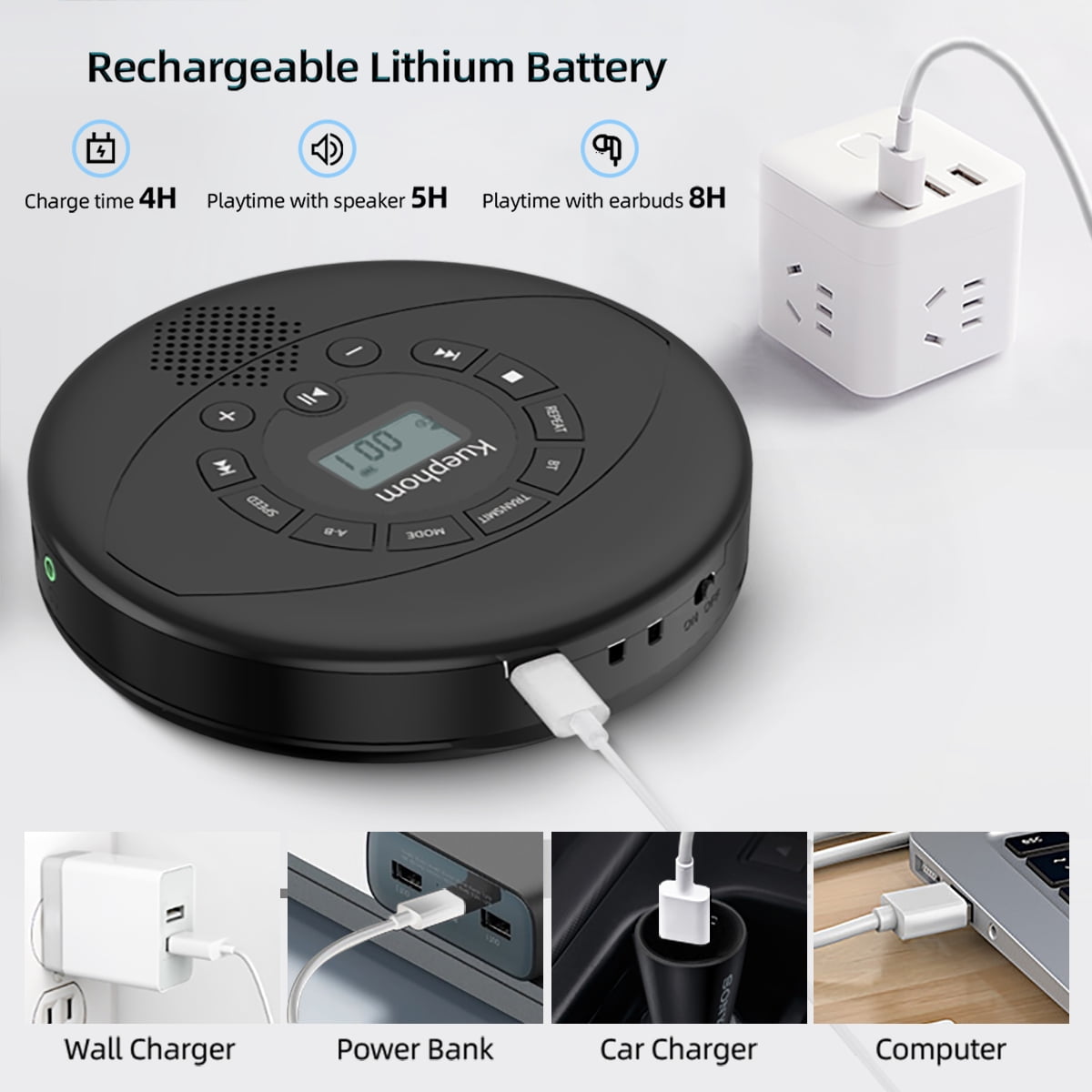 KUEPHOM Portable CD Player Speaker,Rechargeable Discman,CD Walkman Support MP3,USB,Earbud,Anti Skip.