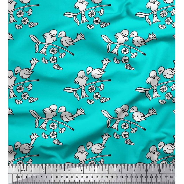 Soimoi Rayon Fabric Leaves,Bird & Floral Block Printed Fabric 1 Yard 42 Inch Wide