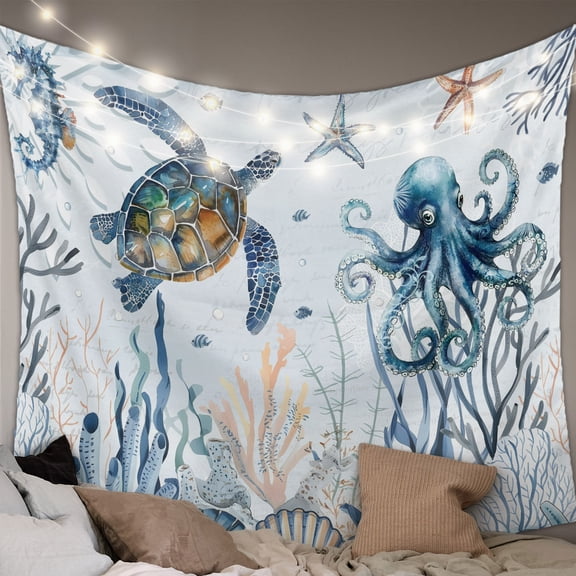 Blue Turtle Coastal Large Tapestry for Bedroom Wall Hanging Tapestry,Octopus Summer Beach Coral Starfish Seahorse Ceiling Backdrop Tapestries Poster Blanket Wall Decor for Living Room 100" x 59"
