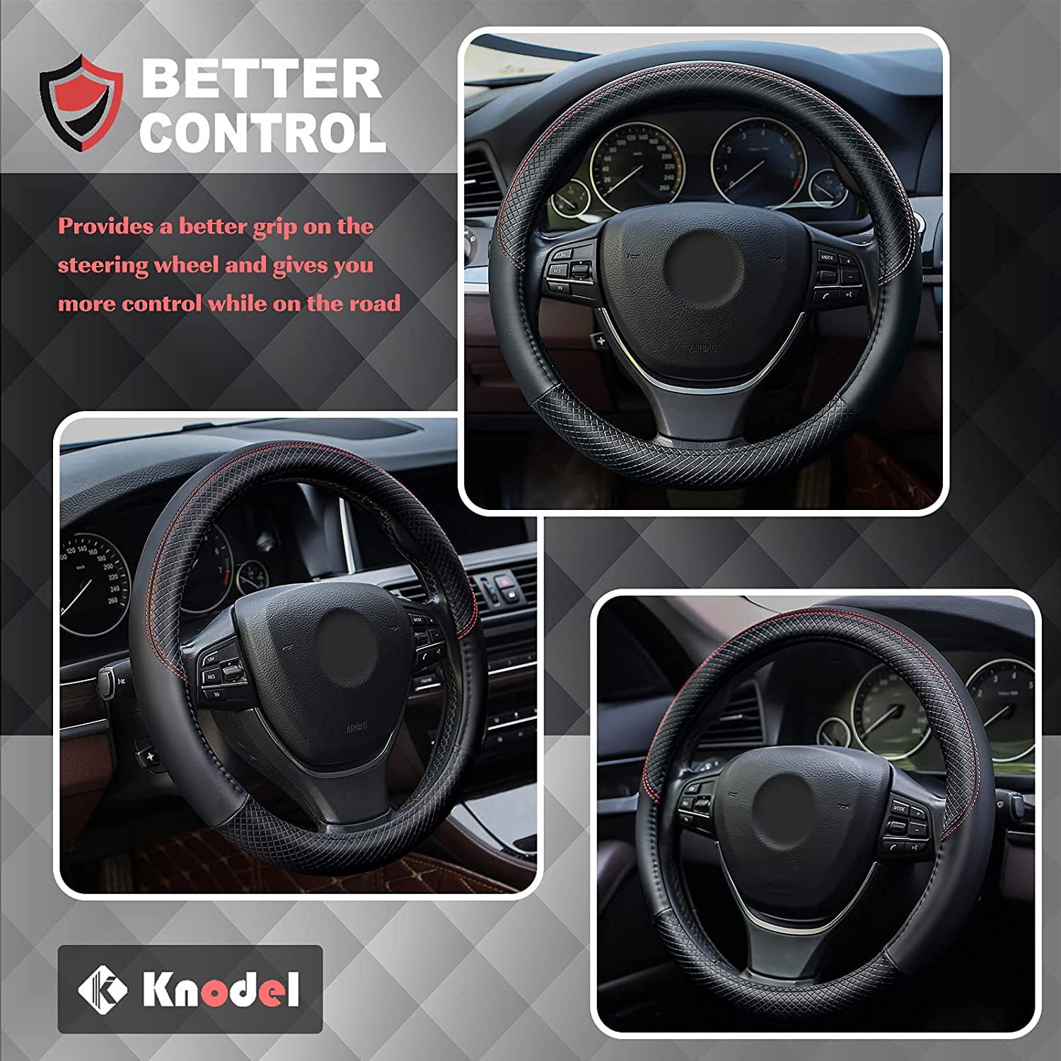 15 Inches Leather Steering Wheel Protector Blcak Black Microfiber Leather Knodel Auto Car Steering Wheel Cover Universal Fit Anti-Slip 